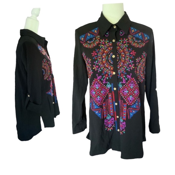 calessa Tops - Calessa Black Multicolor Bohemian long sleeve embroidered button down shirt S